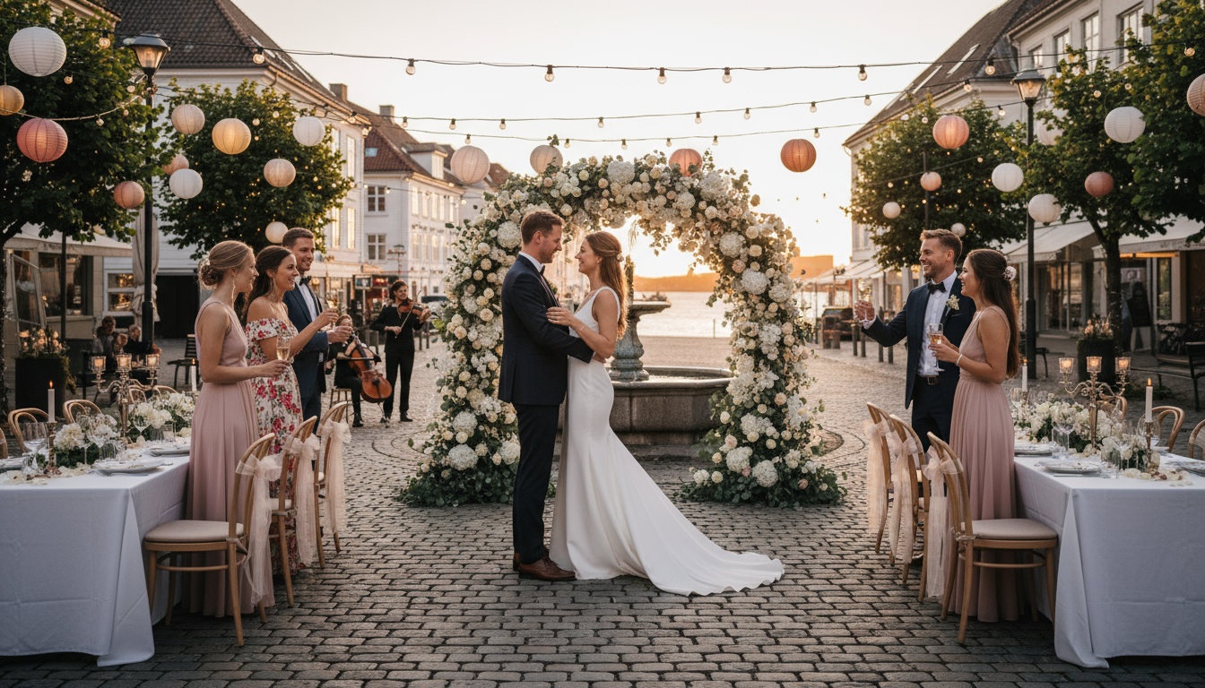 A romantic wedding celebration scene in Kristiansand, Norway, with happy couples, festive atmosphere, and elegant decorations—no bus or vehicles present